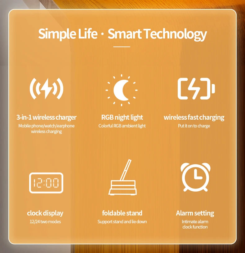 Cargador Inalámbrico 3 en 1 con Reloj y Luz Nocturna (30W)