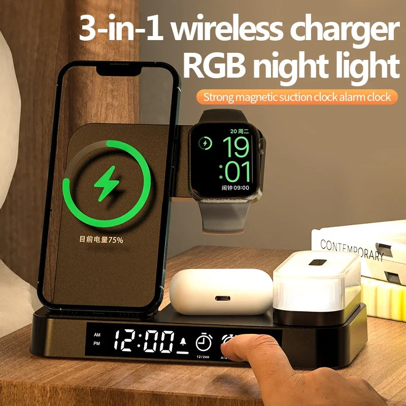 Cargador Inalámbrico 3 en 1 con Reloj y Luz Nocturna (30W)