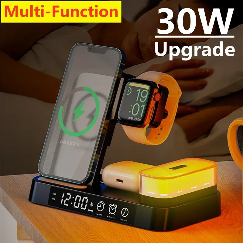 Cargador Inalámbrico 3 en 1 con Reloj y Luz Nocturna (30W)